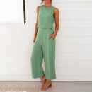 Women Summer Casual Linen 2 Piece Pants Set Solid Elegant Two Piece Suit Sleeveless Wide Leg Trouser 2024 New In Matcing Sets