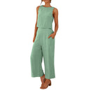 Women Summer Casual Linen 2 Piece Pants Set Solid Elegant Two Piece Suit Sleeveless Wide Leg Trouser 2024 New In Matcing Sets