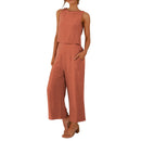 Women Summer Casual Linen 2 Piece Pants Set Solid Elegant Two Piece Suit Sleeveless Wide Leg Trouser 2024 New In Matcing Sets