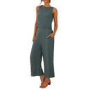 Women Summer Casual Linen 2 Piece Pants Set Solid Elegant Two Piece Suit Sleeveless Wide Leg Trouser 2024 New In Matcing Sets
