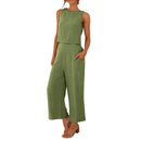 Women Summer Casual Linen 2 Piece Pants Set Solid Elegant Two Piece Suit Sleeveless Wide Leg Trouser 2024 New In Matcing Sets
