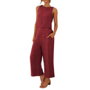 Women Summer Casual Linen 2 Piece Pants Set Solid Elegant Two Piece Suit Sleeveless Wide Leg Trouser 2024 New In Matcing Sets