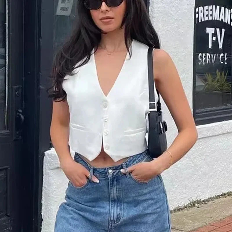 TRAF Fashion Woman White Vest Top Sleeveless Women'S Cropped Suit Vest Summer Office Wear Waistcoat Women Casual Black Crop Top