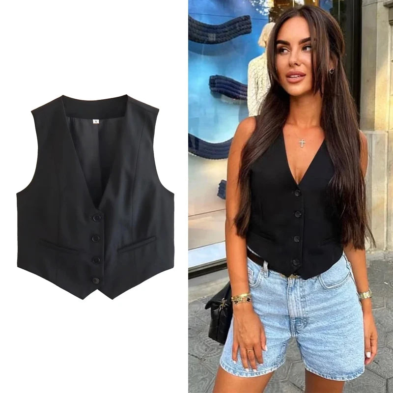 TRAF Fashion Woman White Vest Top Sleeveless Women'S Cropped Suit Vest Summer Office Wear Waistcoat Women Casual Black Crop Top