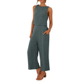Women Summer Casual Linen 2 Piece Pants Set Solid Elegant Two Piece Suit Sleeveless Wide Leg Trouser 2024 New In Matcing Sets