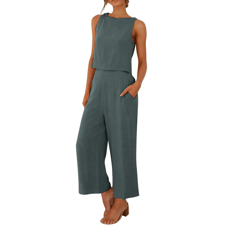 Women Summer Casual Linen 2 Piece Pants Set Solid Elegant Two Piece Suit Sleeveless Wide Leg Trouser 2024 New In Matcing Sets