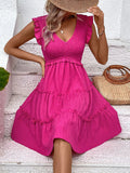 Summer Midi Dresses For Women Casual Red Ruffle Big Hem Holiday Beach Dress Fashion Sleevelee V Neck New In Dresses 2024